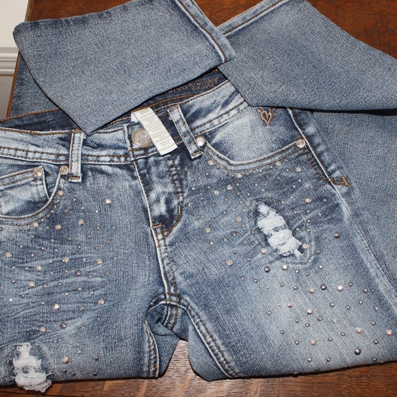 JUSTICE Distressed Bling Rhinestone Faded Blue Jeans 10R - Picture 2 of 10